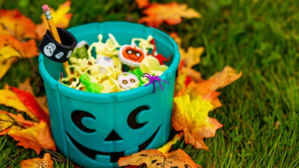 Toys that are considered Halloween choking hazards in a basket